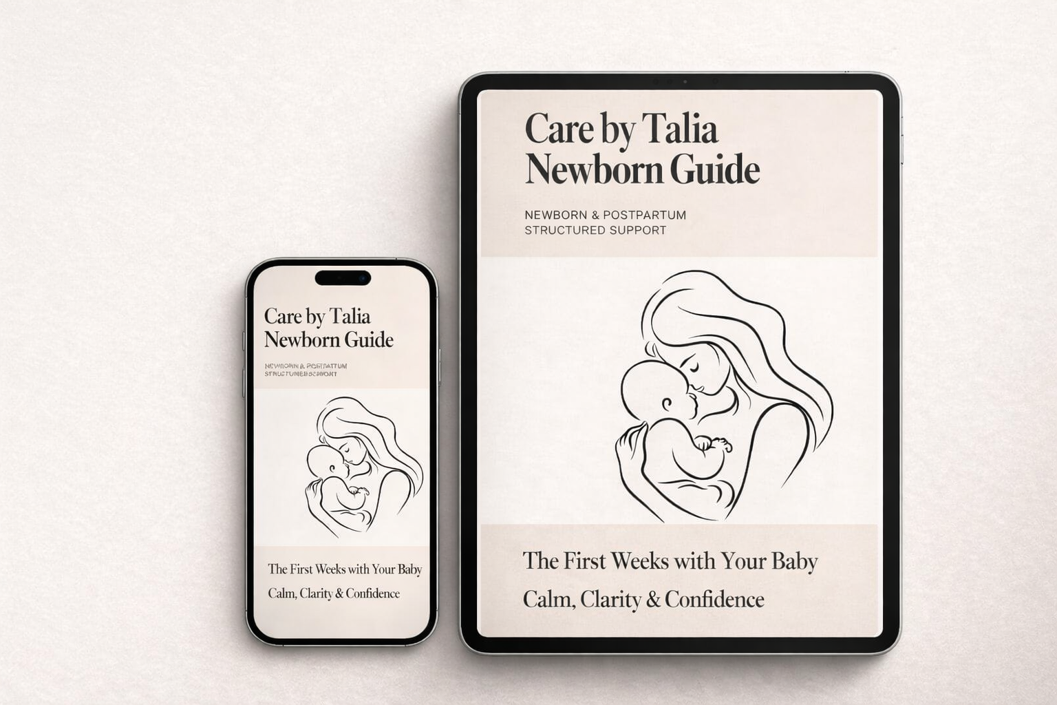 Care by Talia Newborn Guide shown on phone and tablet